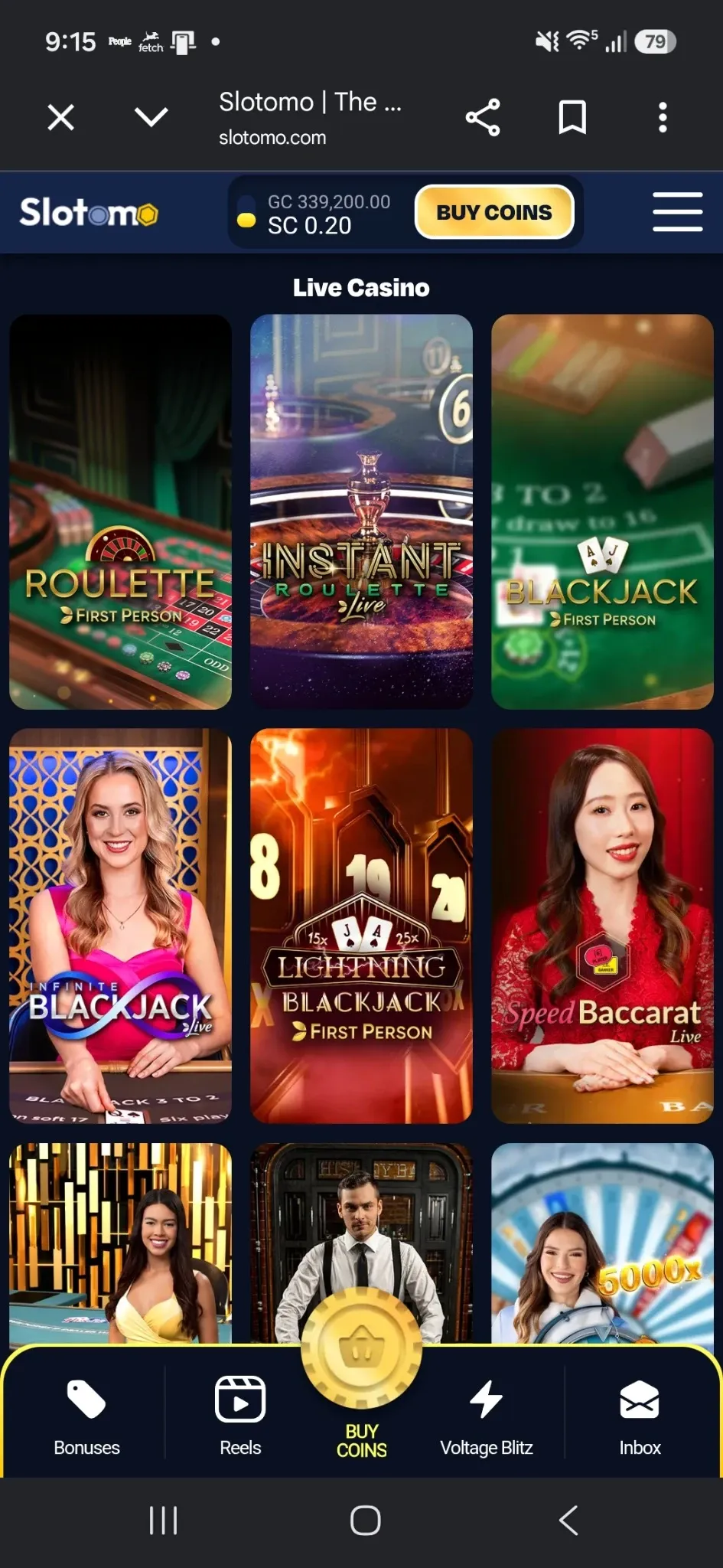 Slotomo live casino games lobby