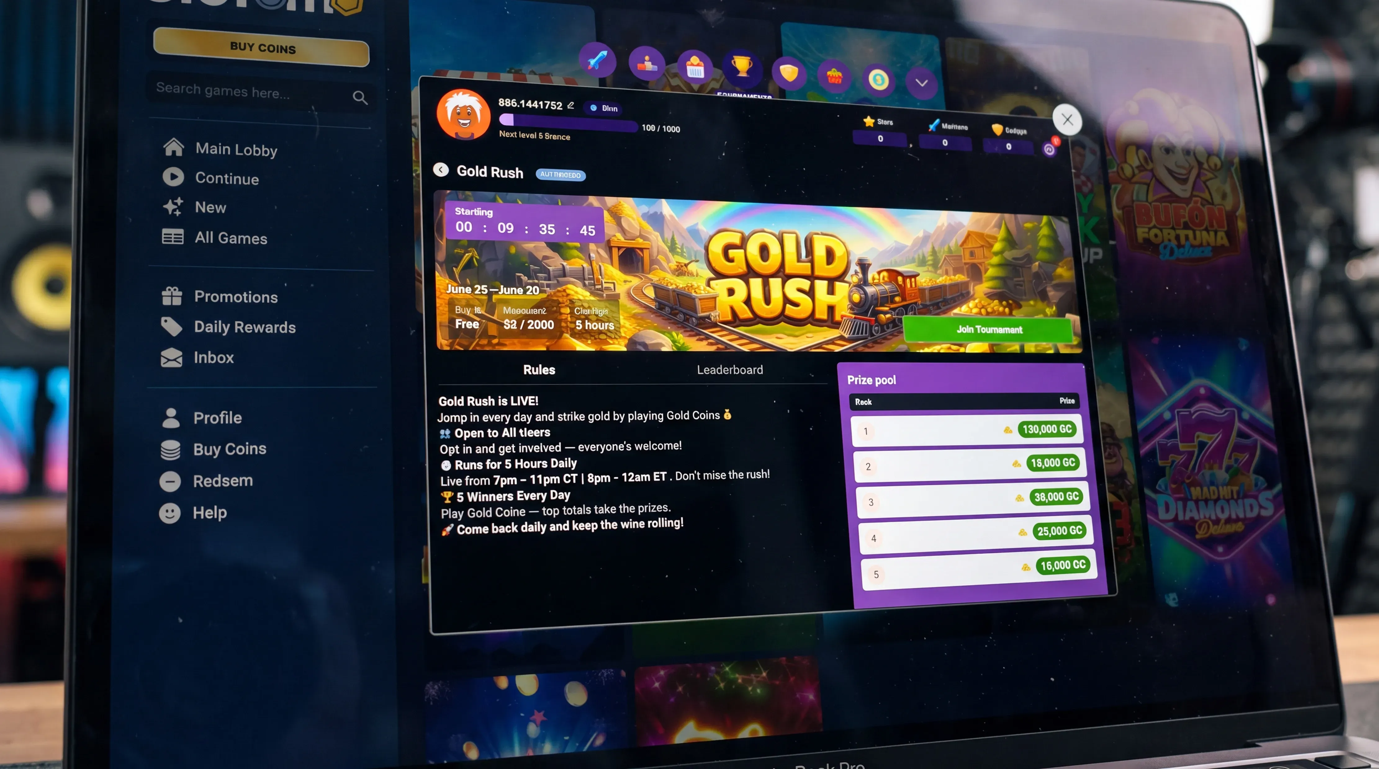 Slotomo tournaments and races screen